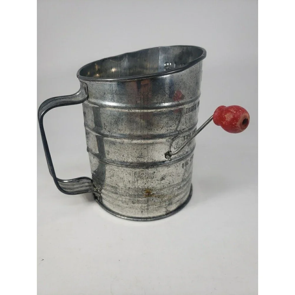 Vintage Bromwell's 3 Cup Measuring Sifter Red Wood Handle USA Farmhouse Decor